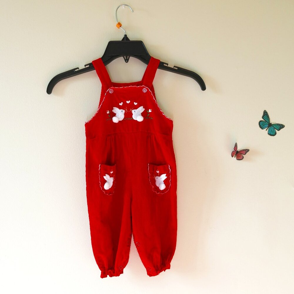 Baby Cotton Red Corduroy Embroidery Applique White Bunny Overalls Sz. 6-9 Months